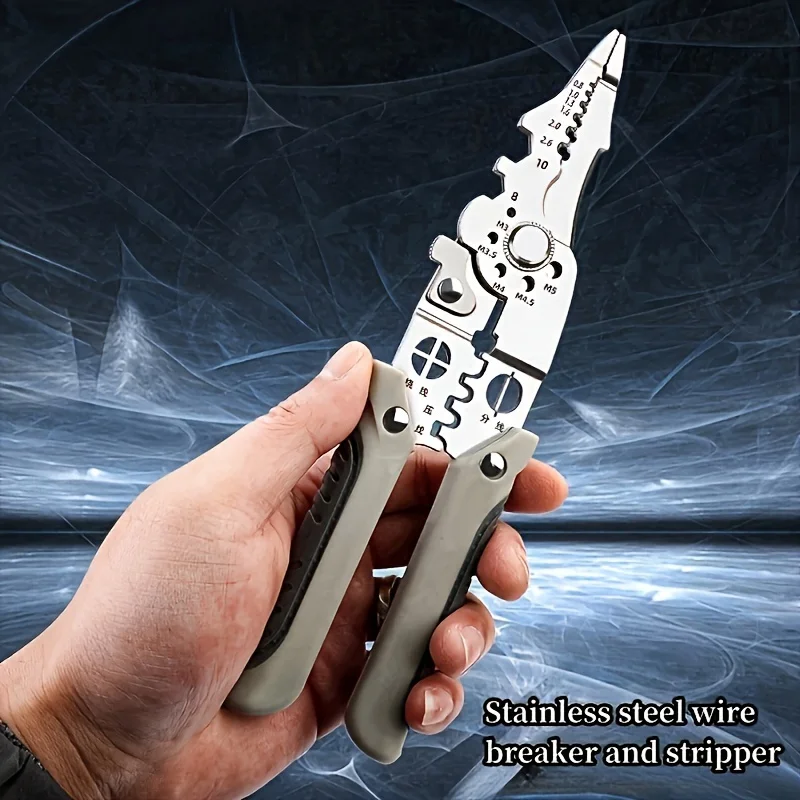 1pc 8.5-Inch Multi-Functional Stainless Steel Wire Cutter and Stripper Pliers for Electricians and Home Use