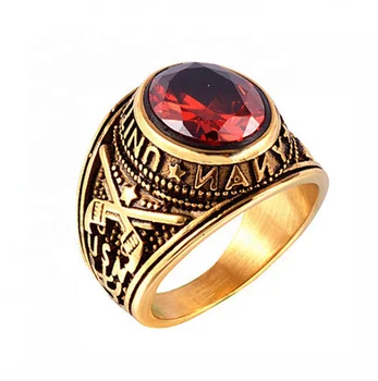 Gold plating double gun design stainless steel red diamond US Army Navy Air Force ring