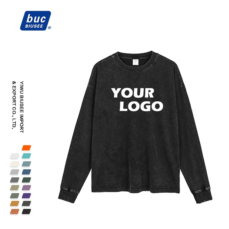 Ready To Ship Popularity Hip Hop Custom Logo Embroidery Vintage Long Sleeve T Shirt For Men