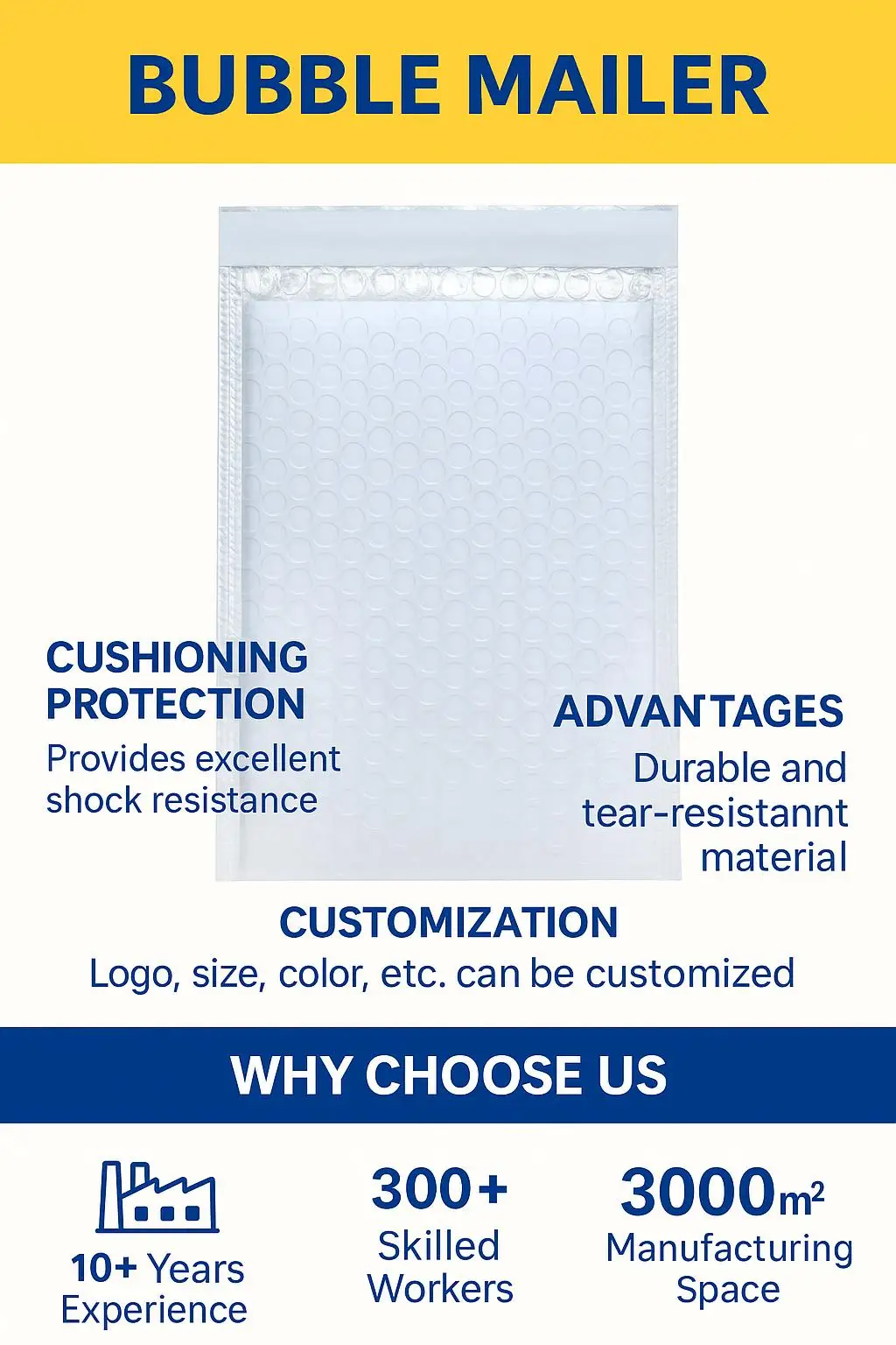 White Self-Adhesive Poly Bubble Mailers Express Mailing Bags Durable Biodegradable Shock-Resistant Padded Packaging Print