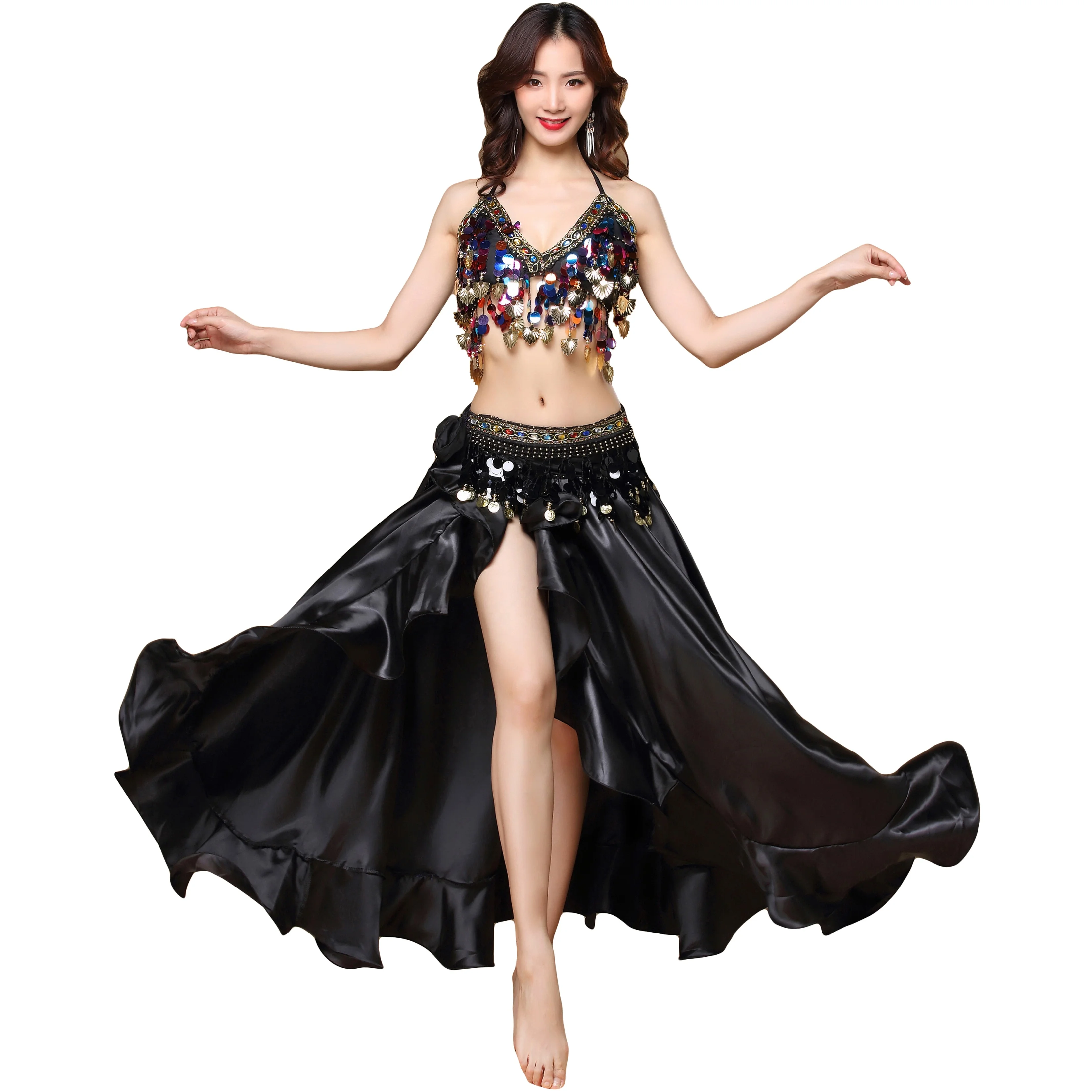Sweet Belly Dance Hip Scarf Bra Top Performance Sequins Tassel Belly Dance Skirt Bra Set Belly Dancer Costumes for Women