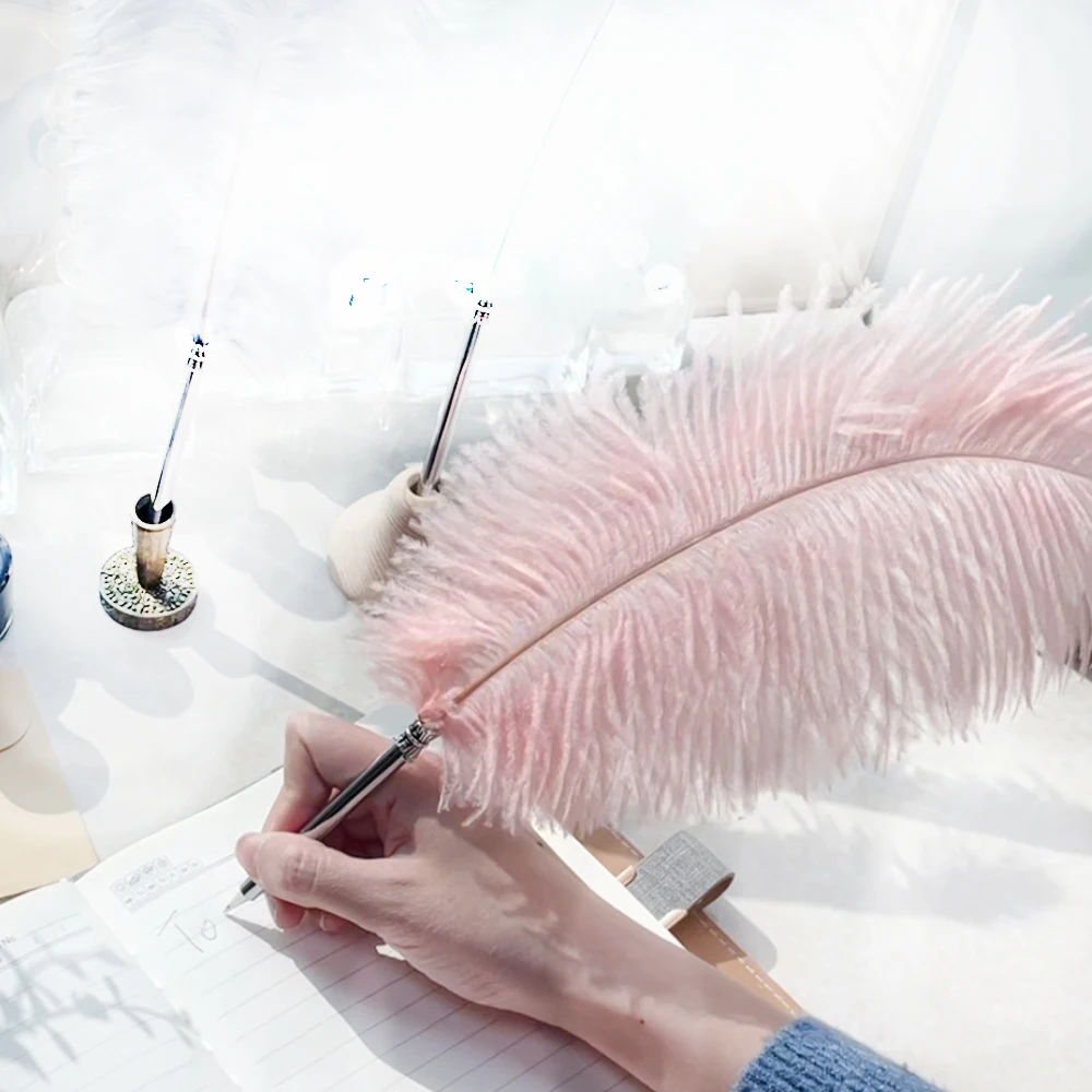 Factory wholesale custom natural real ostrich feather ballpoint pen wedding pen 12 colors