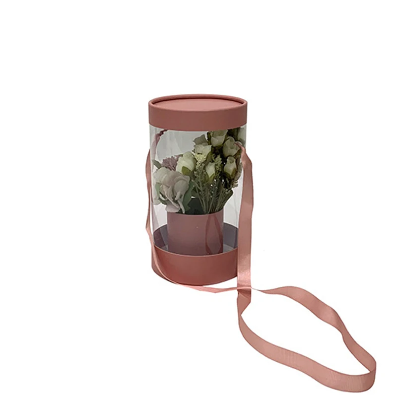 Transparent Plastic Preserved Bouquet Packaging Round Gift Clear PVC Cylindrical Flower Box For Flowers with Ribbon Handle