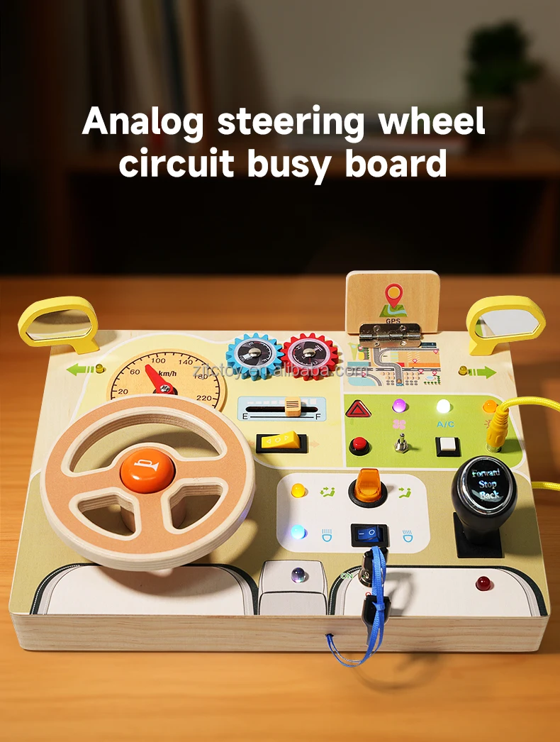 Tableau électronique multifonction occupé pour bébé, circuit de volant analogique sensoriel en bois, jouets montessori avec usine de lumière LED