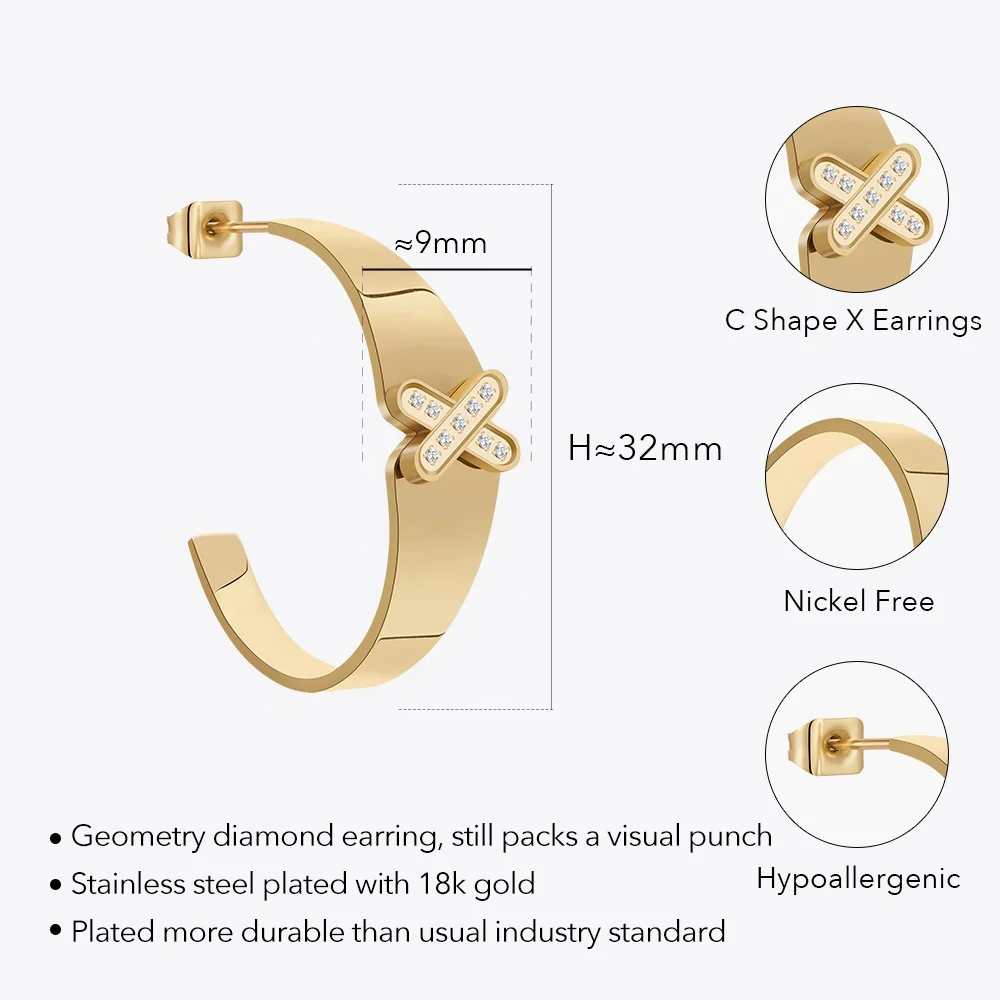 Latest 18K Gold Plated Stainless Steel Jewelry X Shape Zircon Hoop Earring Trendy For Women Accessories Earrings E231506