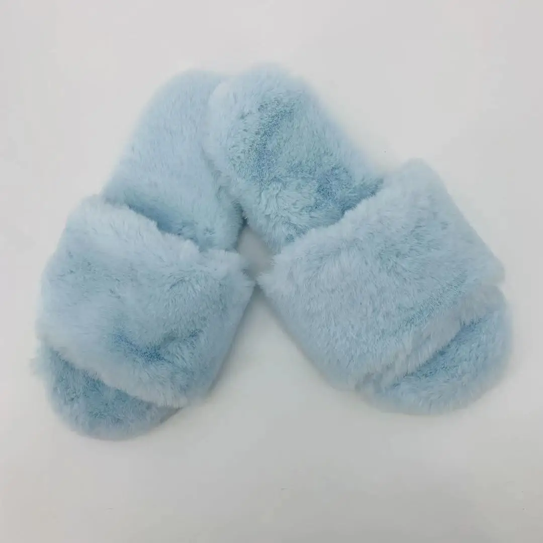 High Hope Women's Cross Band Blue Furry Slippers Home Shoes Indoor Comfortable Rabbit Faux Fur Slipper