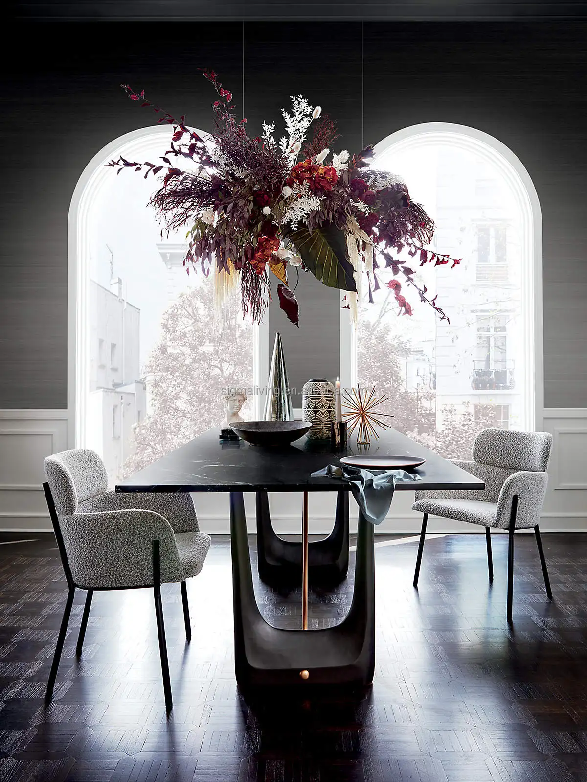 indoor table and chairs dining room furniture black and white boucle dining chair