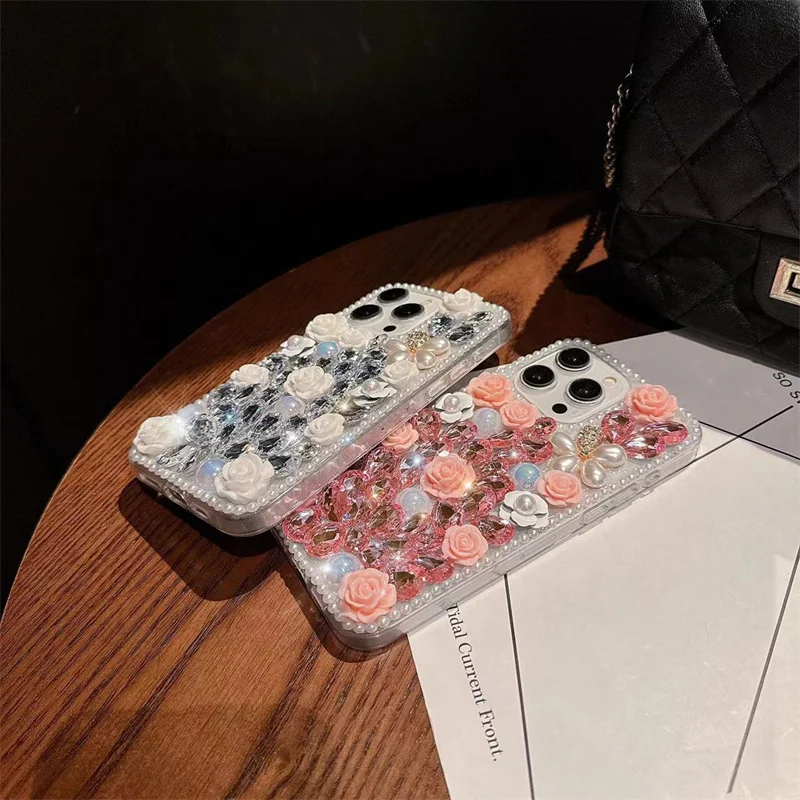 Luxury Diamond Mobile Phone Case For iPhone 15 Pro Max Samsung S24 Rhinestone Glitter Women Pink Rose Flower Pearl Phone Cover