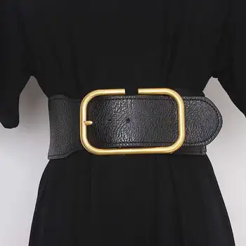 new fashion elastic gold buckle black wide pu leather women custom belts for dress