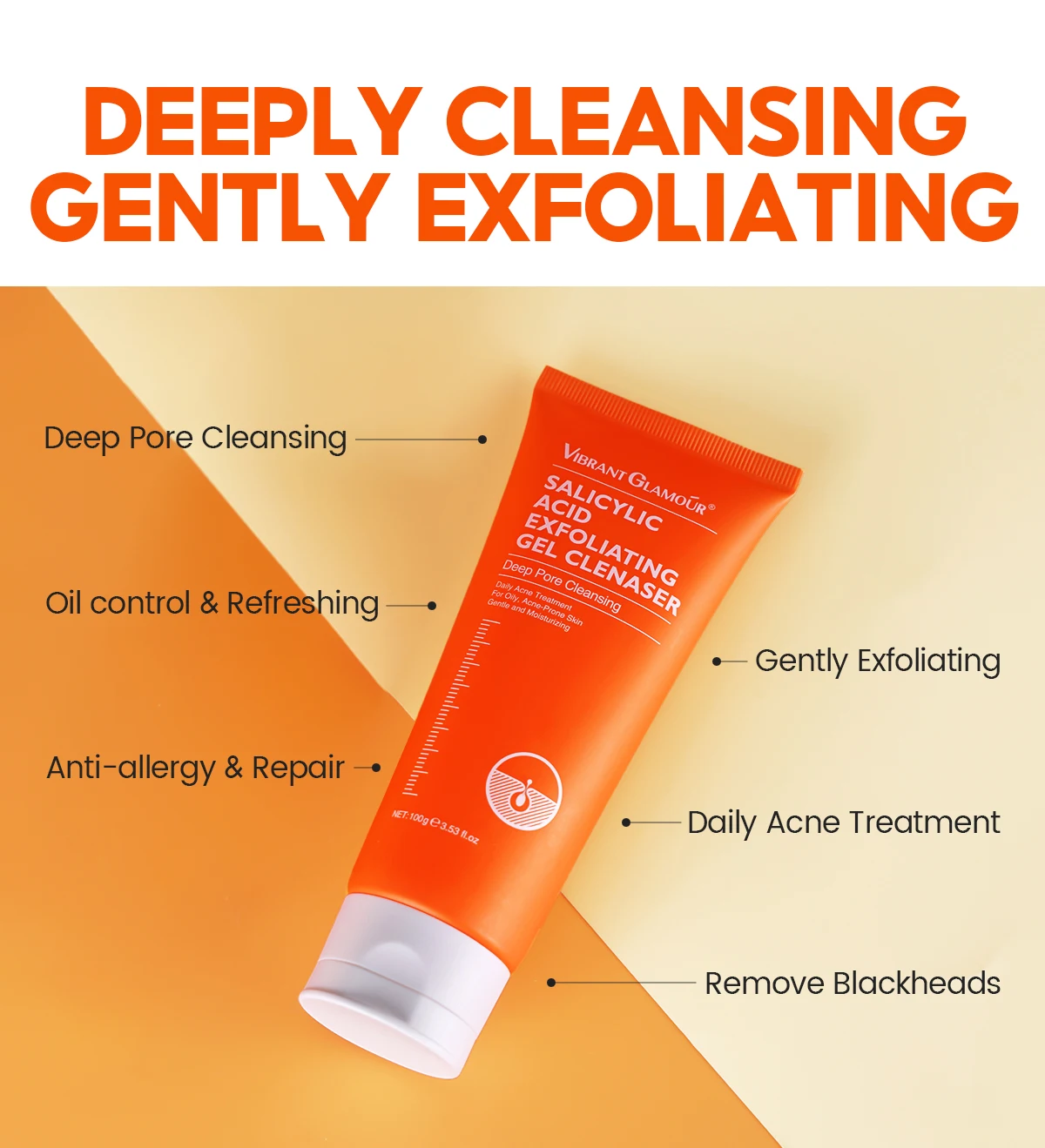 Vibrant Glamour Salicylic Acid Gel Facial Cleanser Deep Cleaning Face Moisturizer Wash for Adults