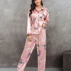 Pajamas Pajama Long Sleeve Autumn Silk Pajamas Quality Satin Family Home Wear Print Color Pajama Pajama Set