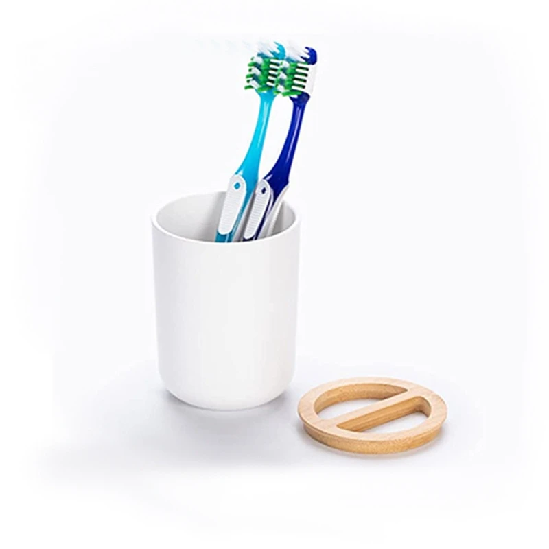 Bathroom Tumbler Cup Plastic Easy to Clean Toothbrush Cup Bamboo Cover Toothbrush Holder