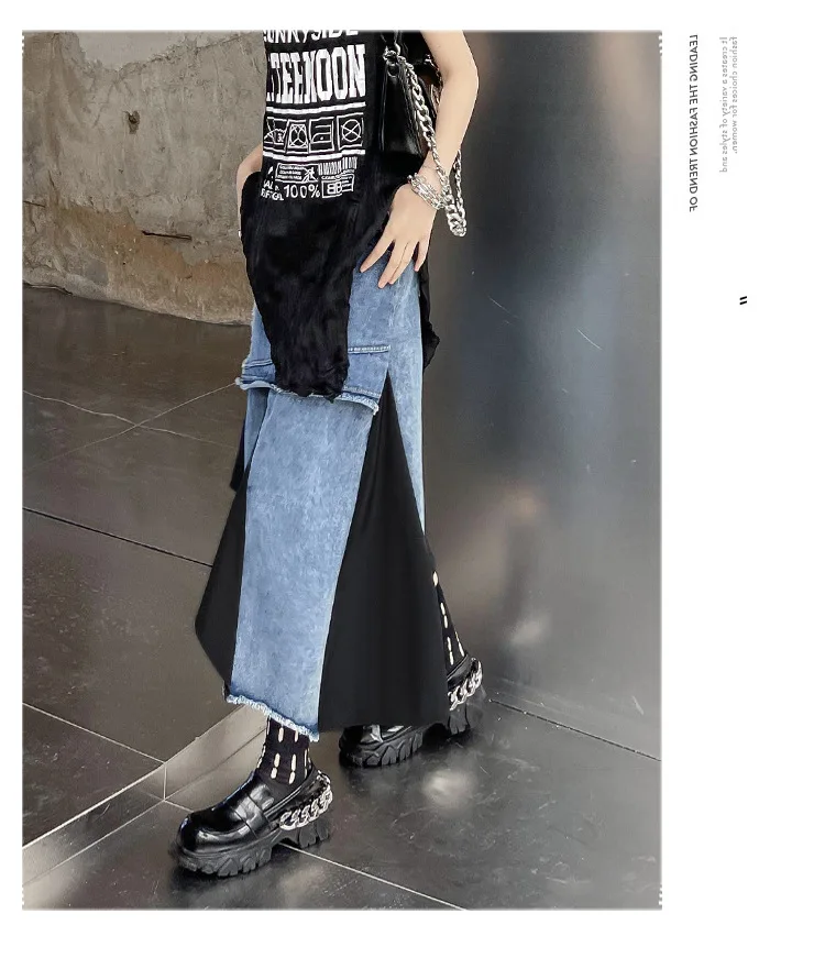 Summer Color Contrast Irregular Patchwork Skirts for Women High Waist Fashion Long Denim Skirt details