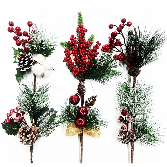 wholesale berry pine cone christmas picks pine needle branch  greenery christmas pine artificial pick christmas floral picks