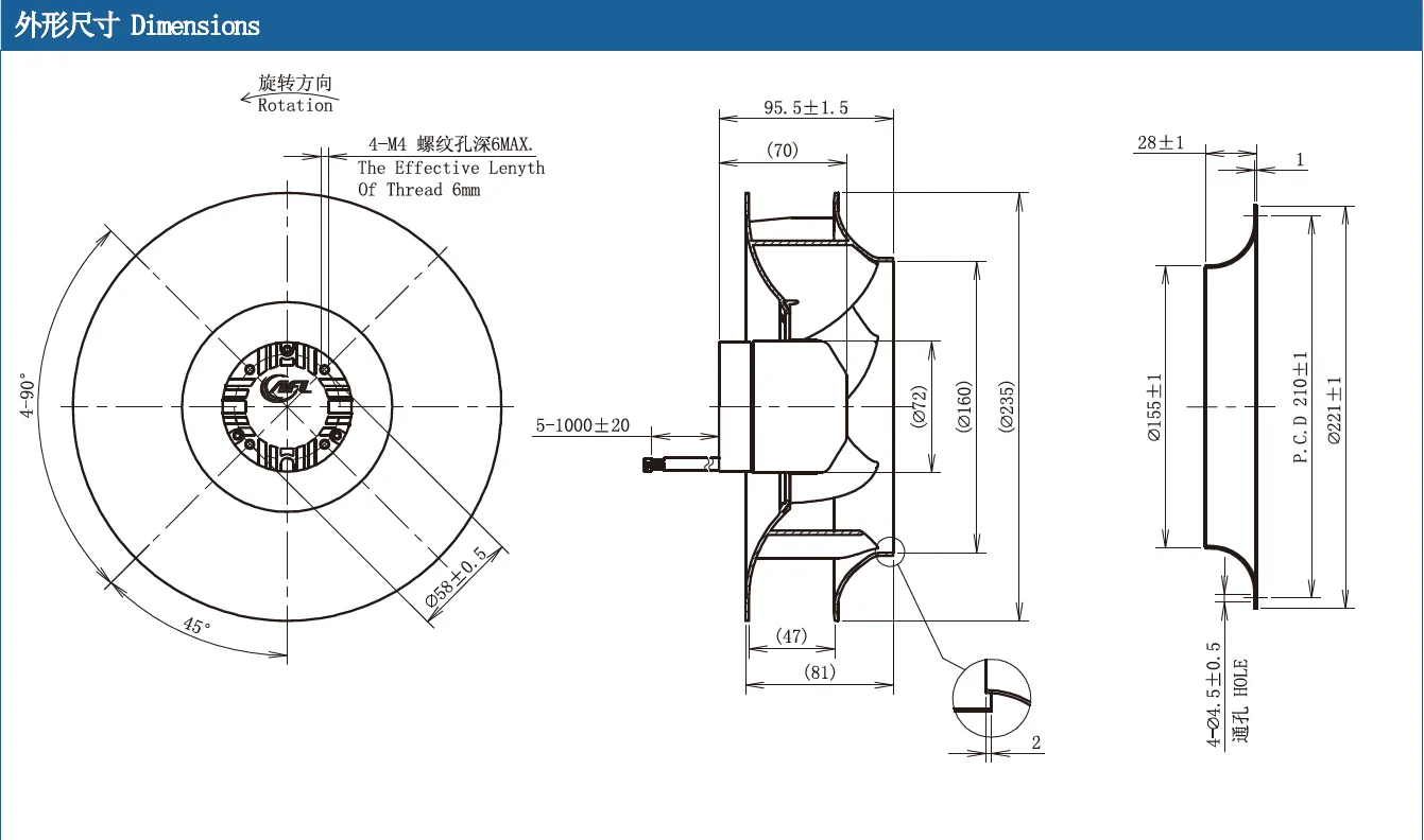 Centrifugal Fan, AFL, B3P225-DC072-007, 310V, 100W - detail 6