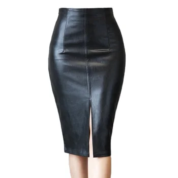 Women PU Leather Midi Skirt Autumn Winter Ladies Package Hip Front or Back Slit Pencil Skirt