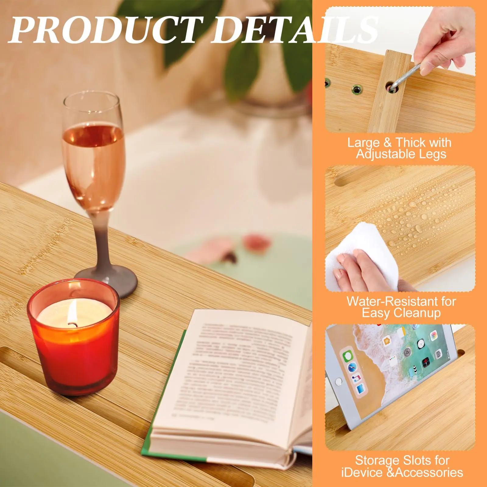 product large spa like wooden bamboo bath tub tray with anti tipping feature table rack accessories for bathrooms set of accessories-7