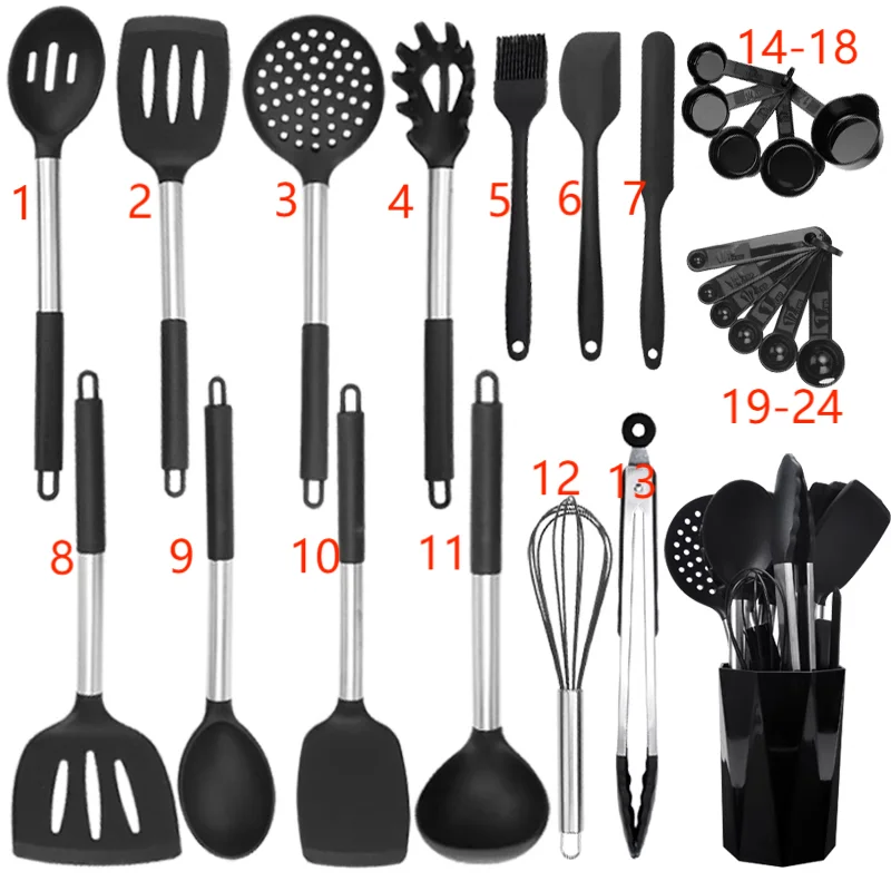 24Pcs Non-Stick Kitchen Utensils Set Food Grade Silicone Heat Resistant Cooking Tool Stainless Steel Whisk Turner Spoon