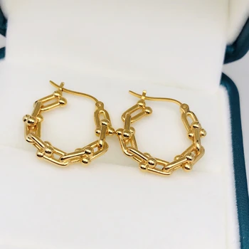 1.65grams Saudi 18K Gold New Design Jewelry Trend Gold Earrings Chunky Chain Geometric Link Earrings Thick U Shape Hoop Earrings