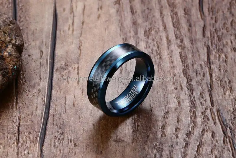 8mm Comfort Fit Tungsten Wedding Band Ring with Black Carbon Fiber Inlaid and Classic Gold Polished Finish