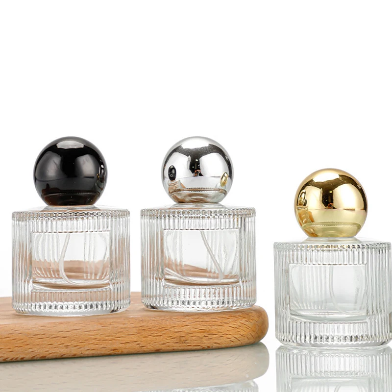 30ml Stock Round Clear Stripe Emboss Crimp Luxury Perfume Glass Fragrance Bottle With Colorful Abs Ball Lid