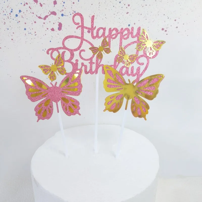 Shiny paper double butterfly Happy Birthday cake decoration party dessert table baking cake topper