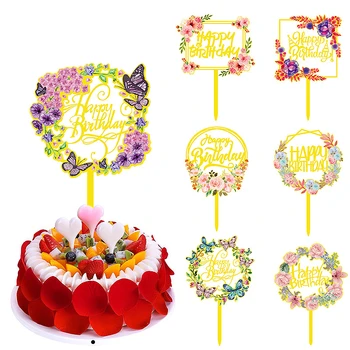 Gold happy birthday cake toppers flower acrylic cake toppers glitter dessert toppers for party cake pastries decorations