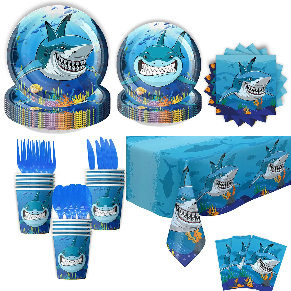 Blue Shark Theme Birthday Party Tableware Set Disposable Party Decorations Disposable Paper Plates And Cups