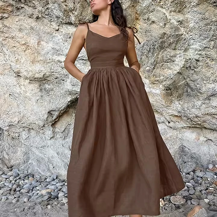 Custom Summer  New Solid Bohemian Vacation Beach Women Luxury Midi Casual Cotton Linen Dress