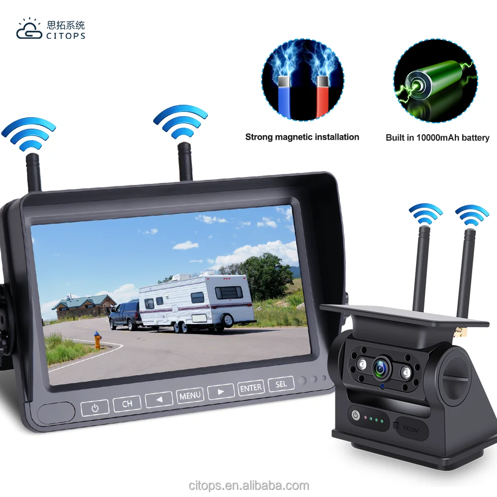 product 7 inch hd split screen wireless backup camera with magnetic ip68 waterproof housing 128gb tf card and 10000mah battery-2