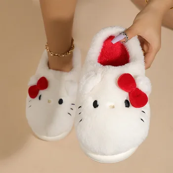 Hot Selling Cartoon Hello KT Winter Thickened Home Indoor Plush Slippers Warm Cotton Shoes Women's Plush Slippers