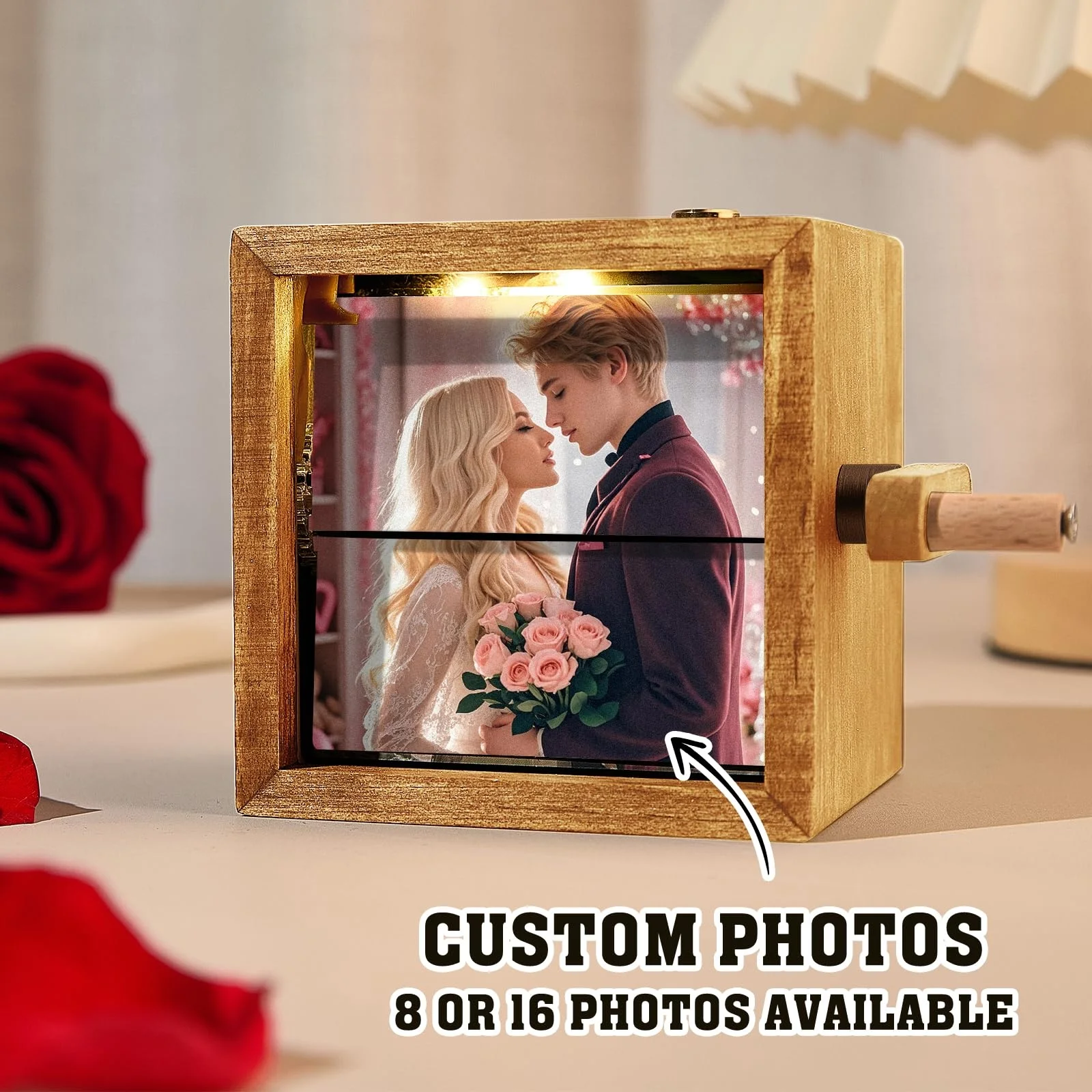 Custom Flip Book Frame Hand Crank Photo Album Personalized Lighted Photo Album Mini Wooden Flip Book for Couple Women Men