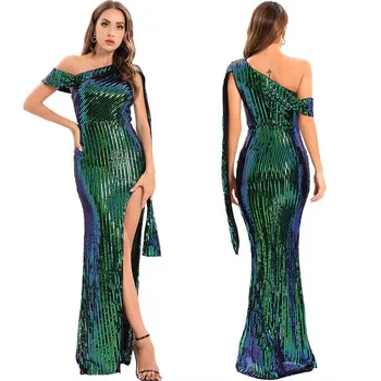 Wholesale custom 2024 summer new sexy backless green sequin dress women's long dress evening gown