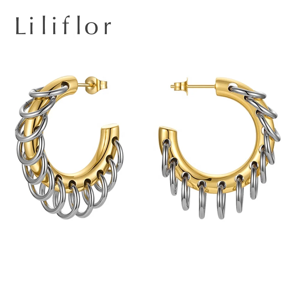 LILIFLOR High Quality 18K Gold Plated Stainless Steel Jewelry C Shaped Small Circle Mixed Color Accessories Earrings E211304