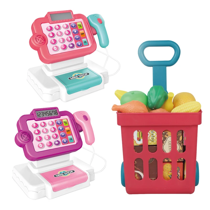 Play plastic shopping cart electronic cash register kids supermarket toy with fruit vegetable