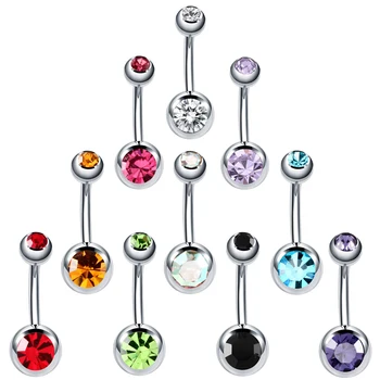 10pcs/Color 14G Double Crystal Gem 316L Stainless Steel Navel Ring Hot Sale Belly Button Body Piercing Jewelry for Wedding Gift