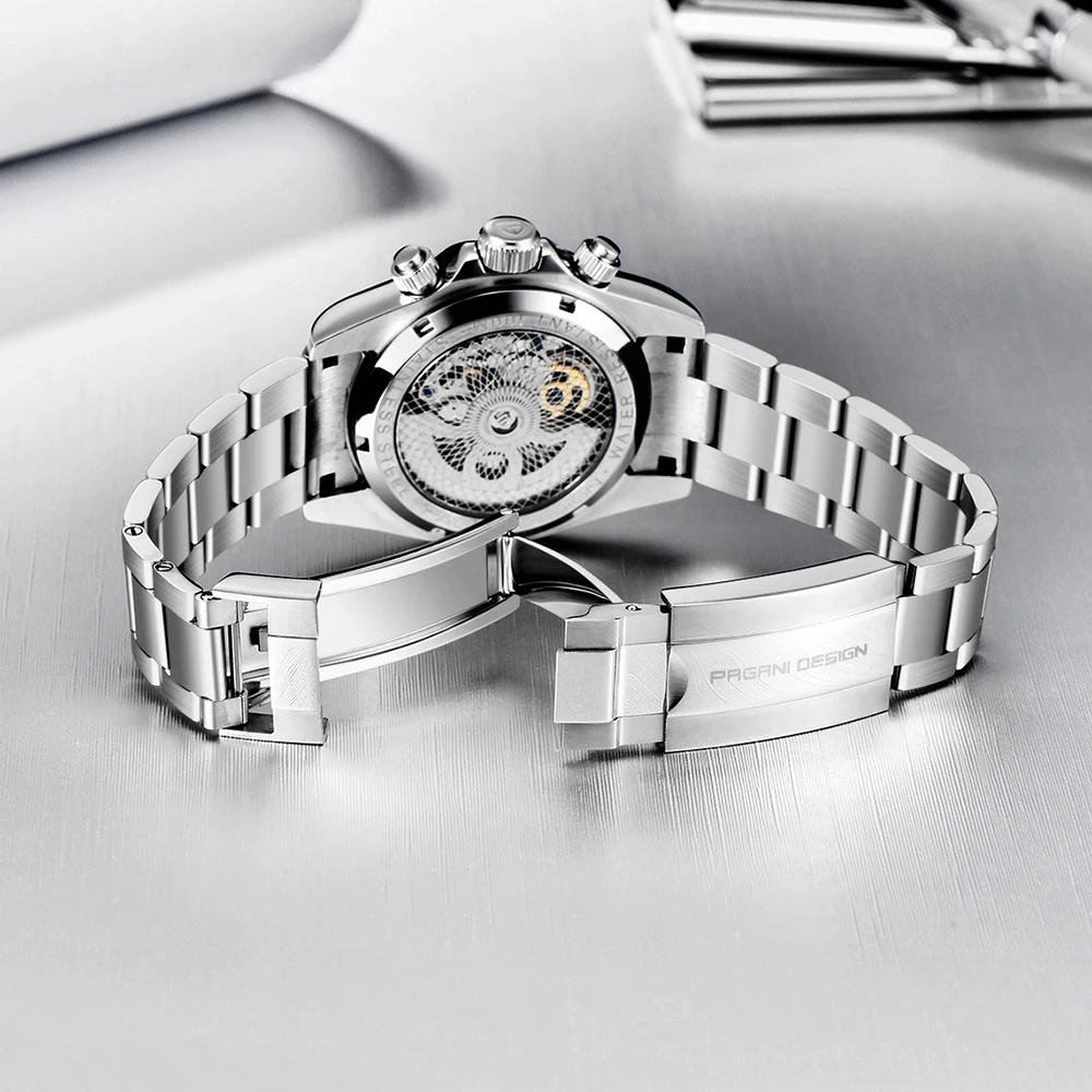 男士多功能全自动机械表，带镂空机芯和精密钢表