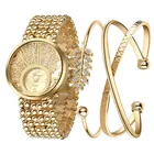 Watch TC Mesh Band Classical Diamond Gold Bling Leaves Alloy Bracelet Gift Set Women Watch