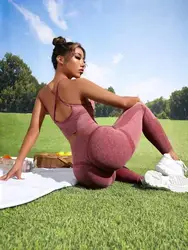 Women Sports Fitness Yoga Set New Solid Color Seamless Back Cross Bra Long