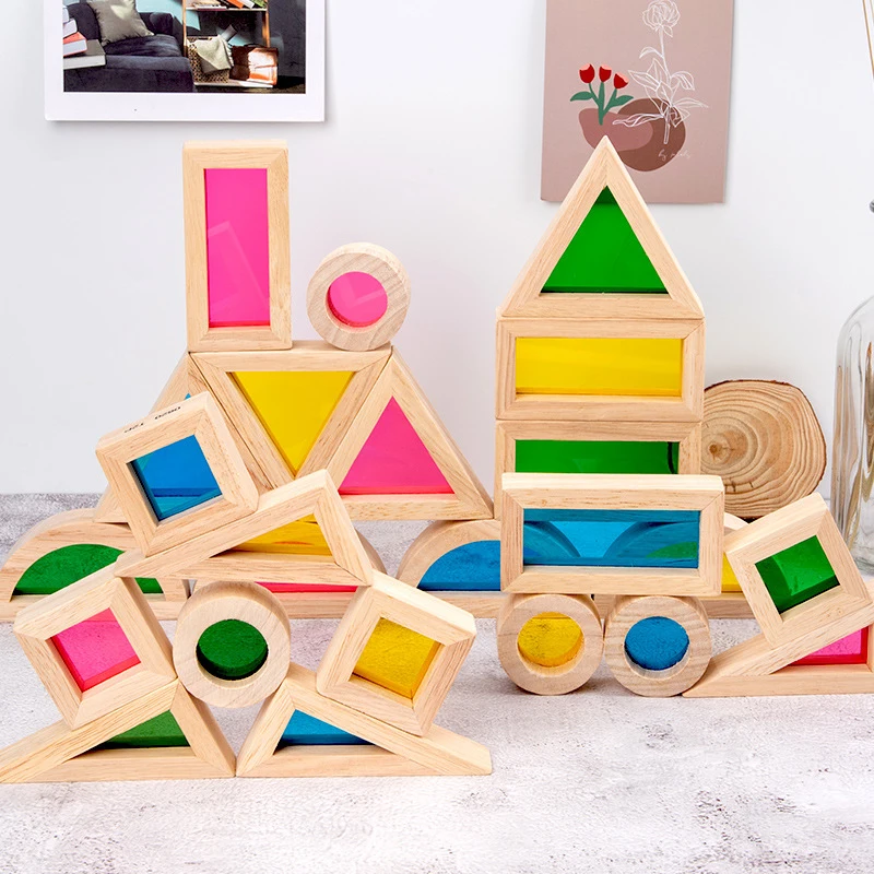 Wooden clear Colorful Wood Balance Toy Stacked Toys, Acrylic Rainbow Blocks, Acrylic Rainbow Building Block