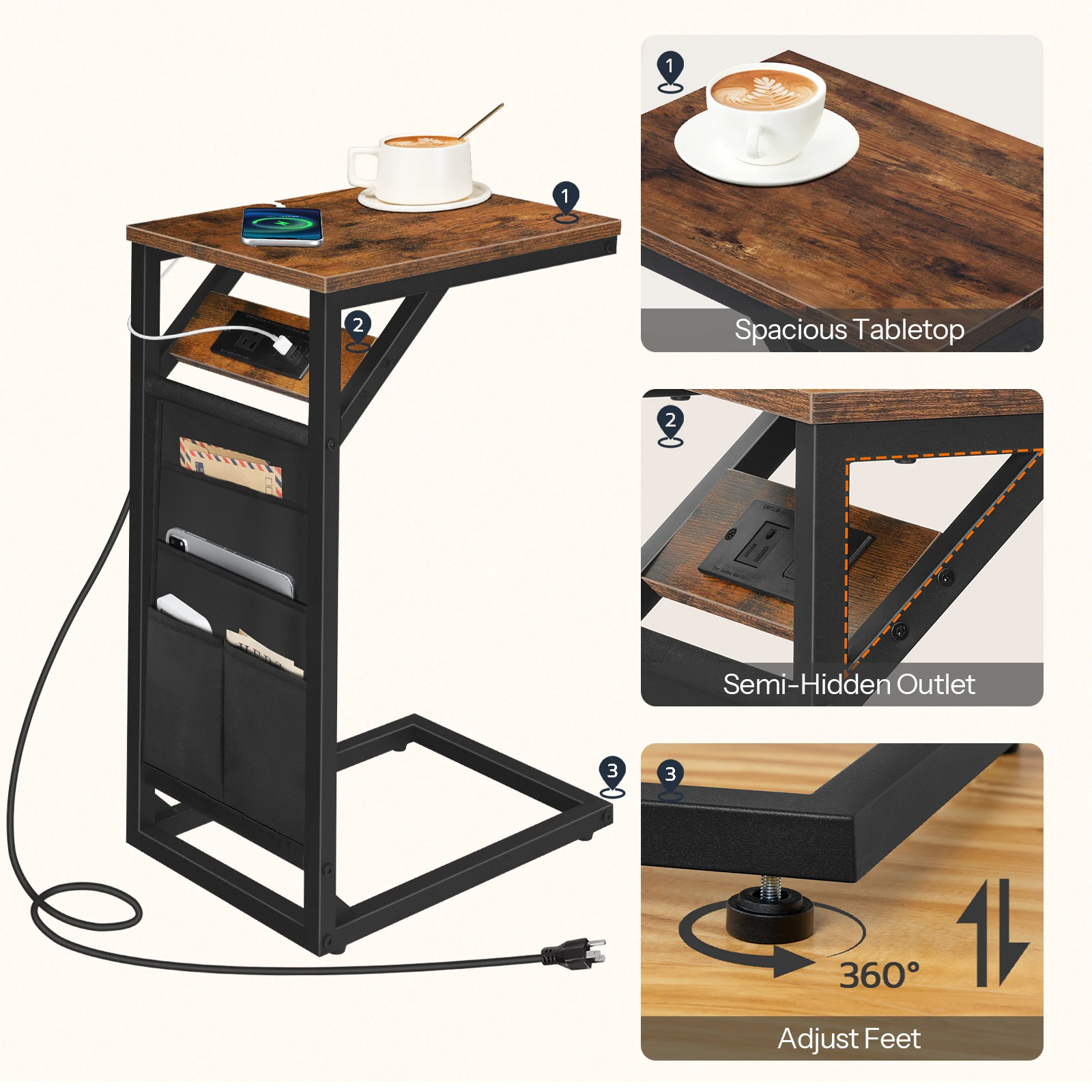 Wholesale Industrial Style Wood Sofa C Shaped Console Table with Charging Station C Shaped Side End Table with Wheels Storage