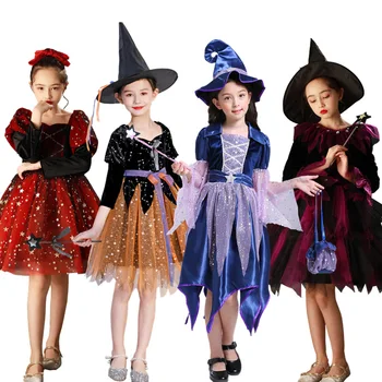 New Witch Costume Cosplay Girls Halloween Costume for Kids Christmas Children Princess Dress Winter Clothing with Hat