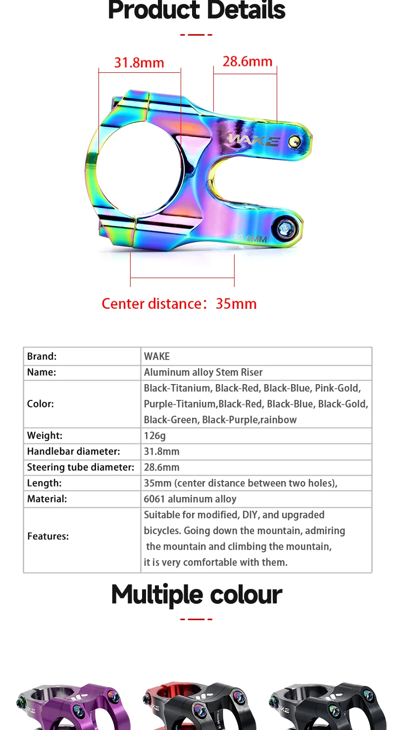 MTB Bike Stem Colorful Rainbow 31.8mm 35mm Dual Color Bicycle Handlebar Short Riser Suitable for MTB Road Bike WAKE Riser