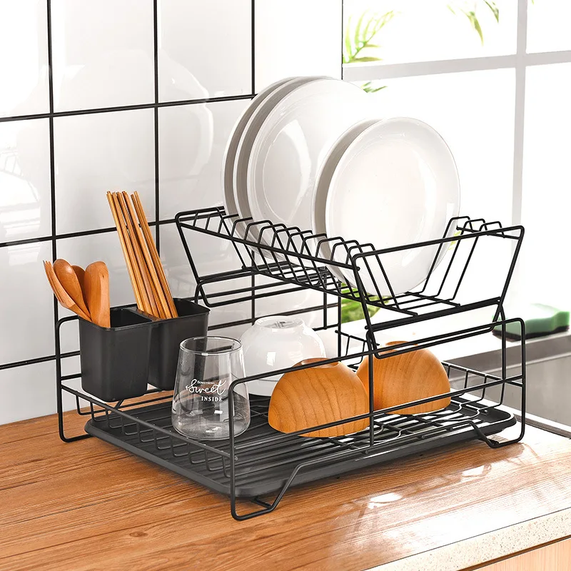 Dish Rack with Tray Compact Dish Drainer for Kitchen Counter Cabinet Black Storage Holder