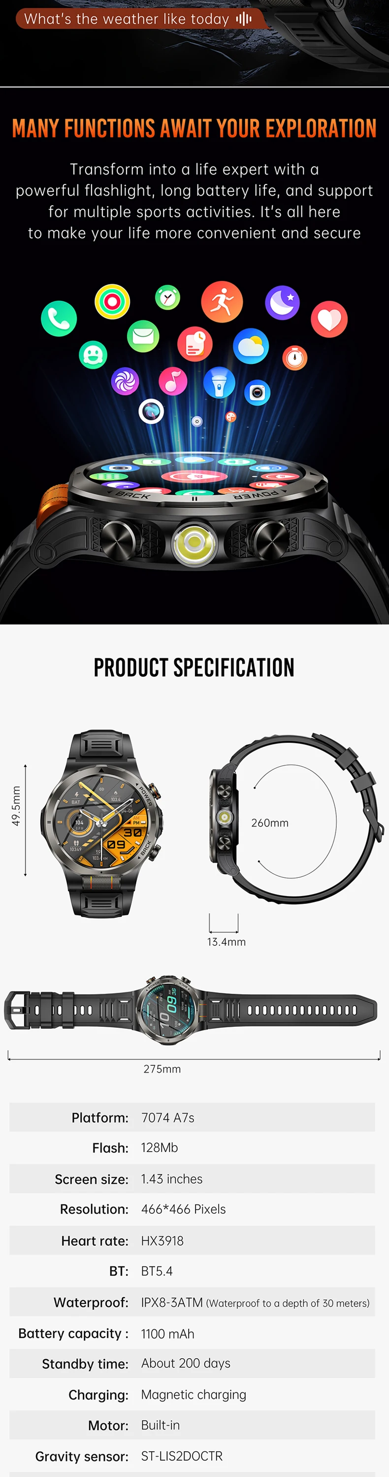 product kt91 smart watch 143inch amoled screen led flashlight 1100mah large battery health monitor 3atm waterproof sports watches-7