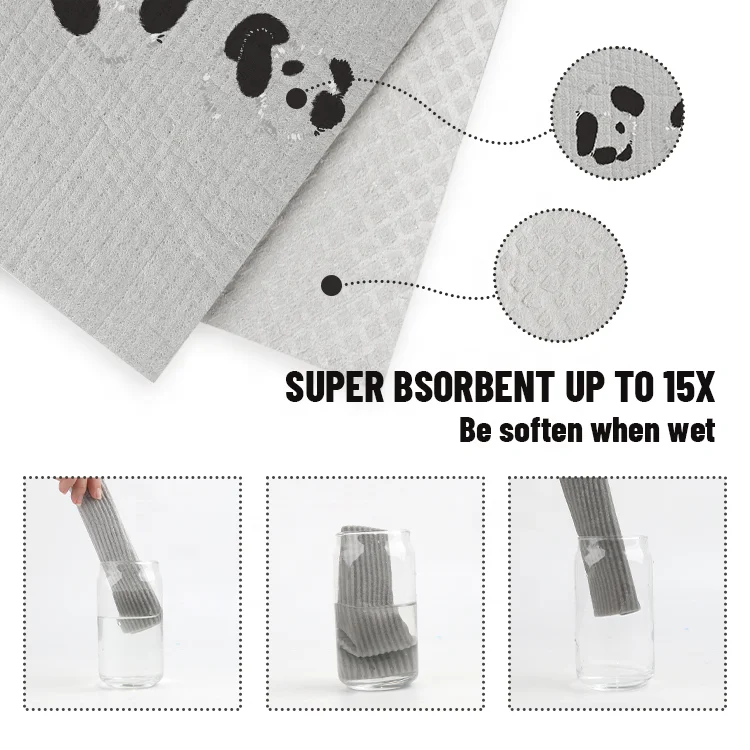 Gloway Custom Printing Degradable Natural Gray Kitchen Dishcloth Towels Panda Swedish Cellulose Sponge Dish Cloth