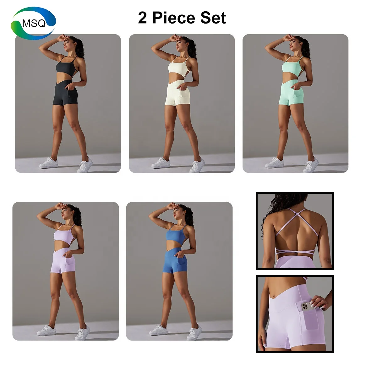 Wholesale Women Workout 2 Piece Outfits Fashion Sexy Cross Back Sport Bra Crossover High Waist Short Leggings with Pockets