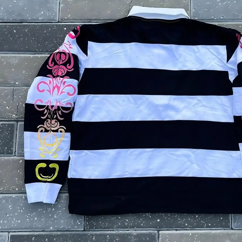 product customizable mens stand collar t shirt 100 cotton heavyweight fabric striped splicing embroidery decoration loose long fit-2