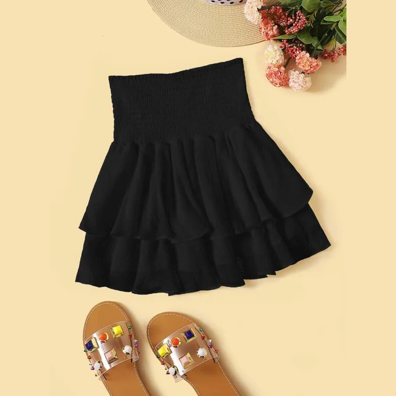 Women's Summer Casual Cute Pleated Skirt Elastic High-Rise Waist Tiered Flounce Hem A-Line Silhouette Short Skirts With Ruffles