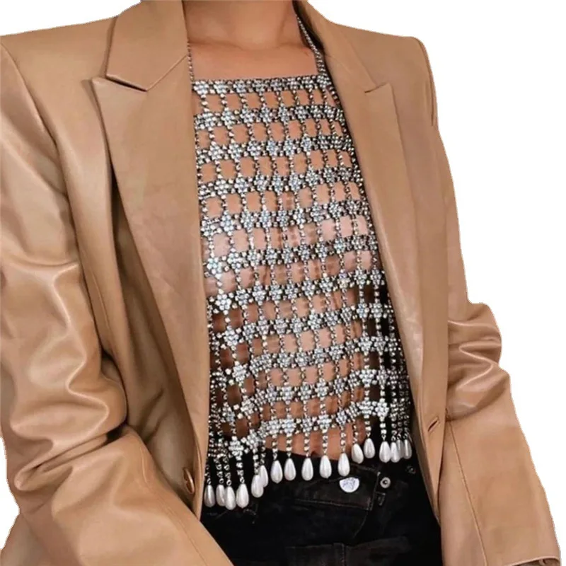 Sexy Crystal Chest Accessories Pearl Pendant Bra Jewelry Mesh Bra Crystal Chain for Women Nightclub Jewelry